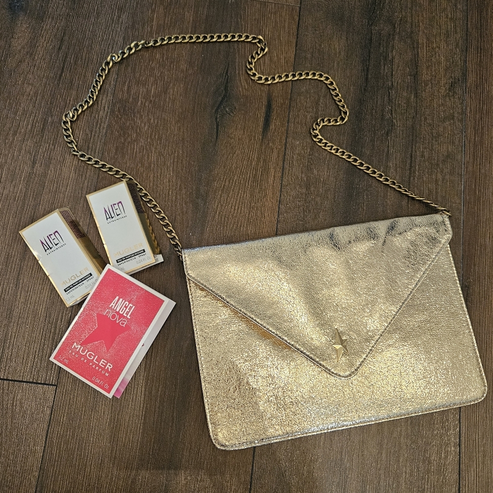 New Mugler Gold Envelope Clutch Converted Crossbody Bag + Edp Trio